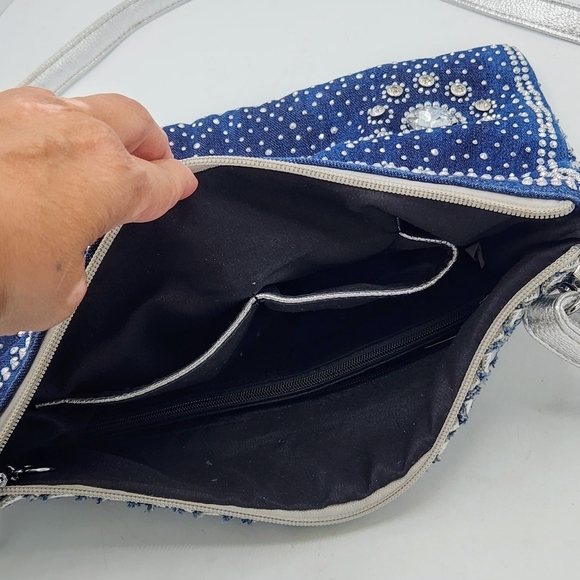 Denim Crystal Rhinestone Crossbody Bag With Metallic Weaving On Back - Picture 10 of 16